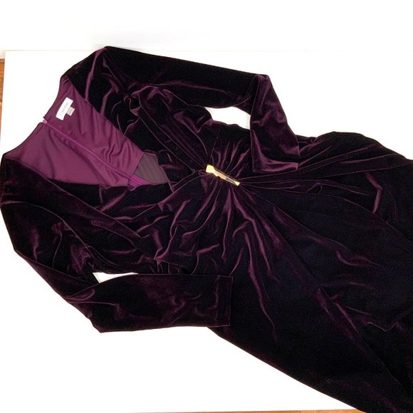 Calvin  Klein Velour Velvet Burgundy Wrap Long Sleeve Dress Sz 14W - Picture 11 of 16